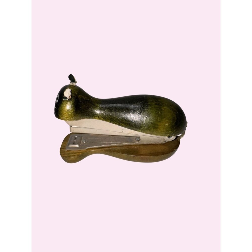 Vintage Mid Century Cat Shaped Desk Stapler Made In Japan Wood & Metal Design De